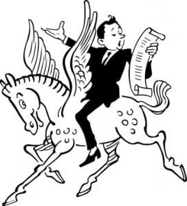 Businessman riding on Pegasus reading poetry