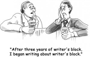 Cartoon of two men at a bar discussing writer's block