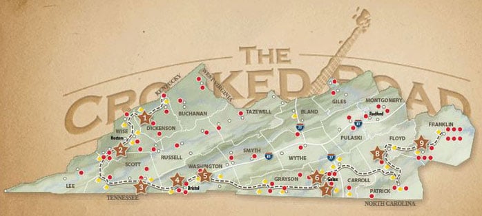 Map of the Crooked Road region and destinations